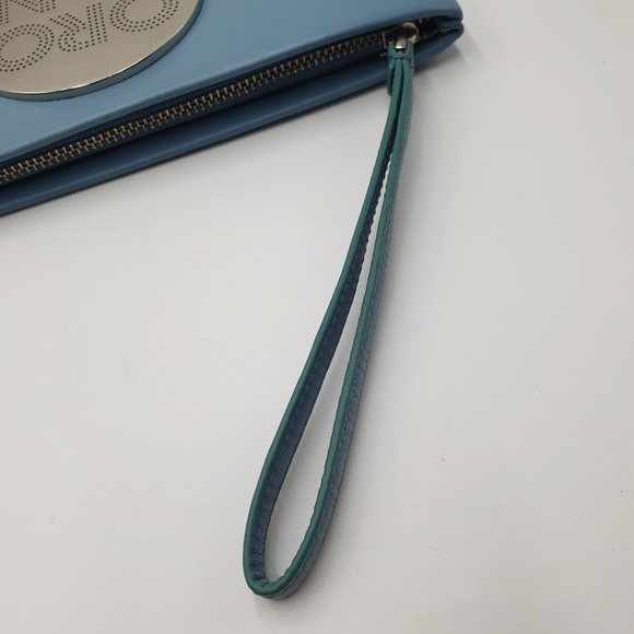 EXTRA 30% OFF🖤 Oroton Dusty Blue Leather Silver Logo Zip Top Pouch Wrislet - Picture 11 of 15